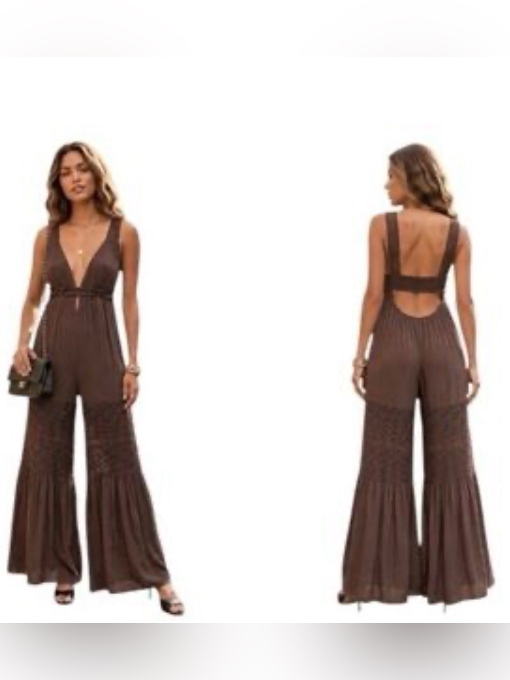 Forever 21 boho festival crochet jumpsuit with plunging neckline brown